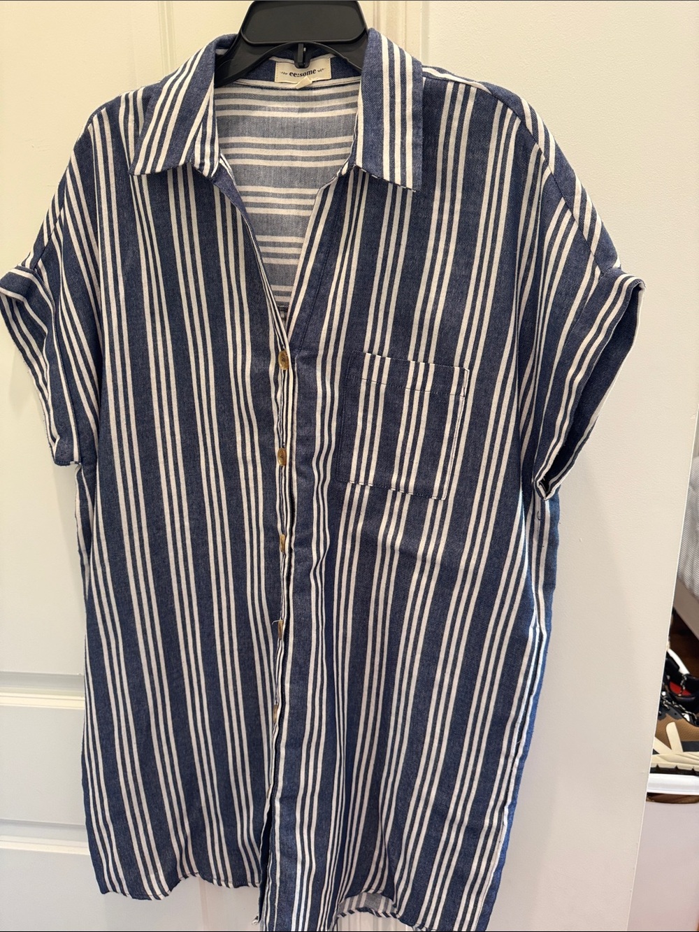 eesome Navy & White Striped Mini Shirt Dress